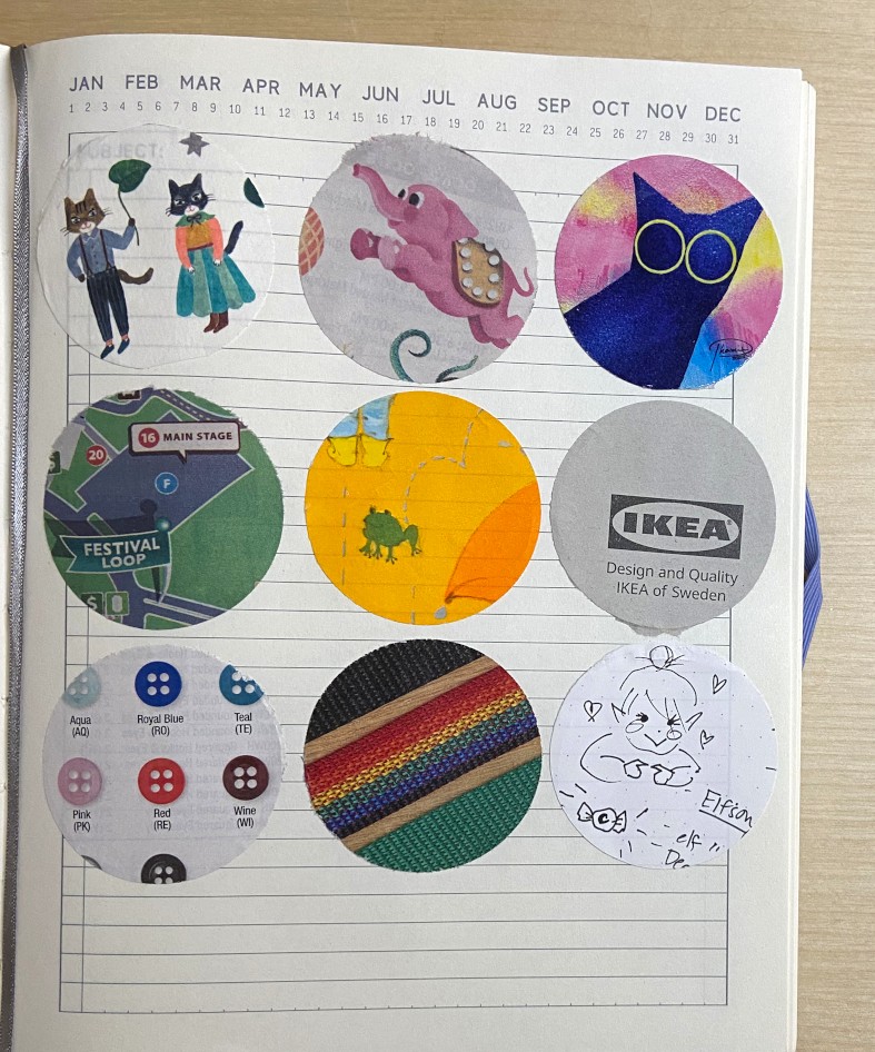 junk journal with pictures cut into circles and pasted on a lined page